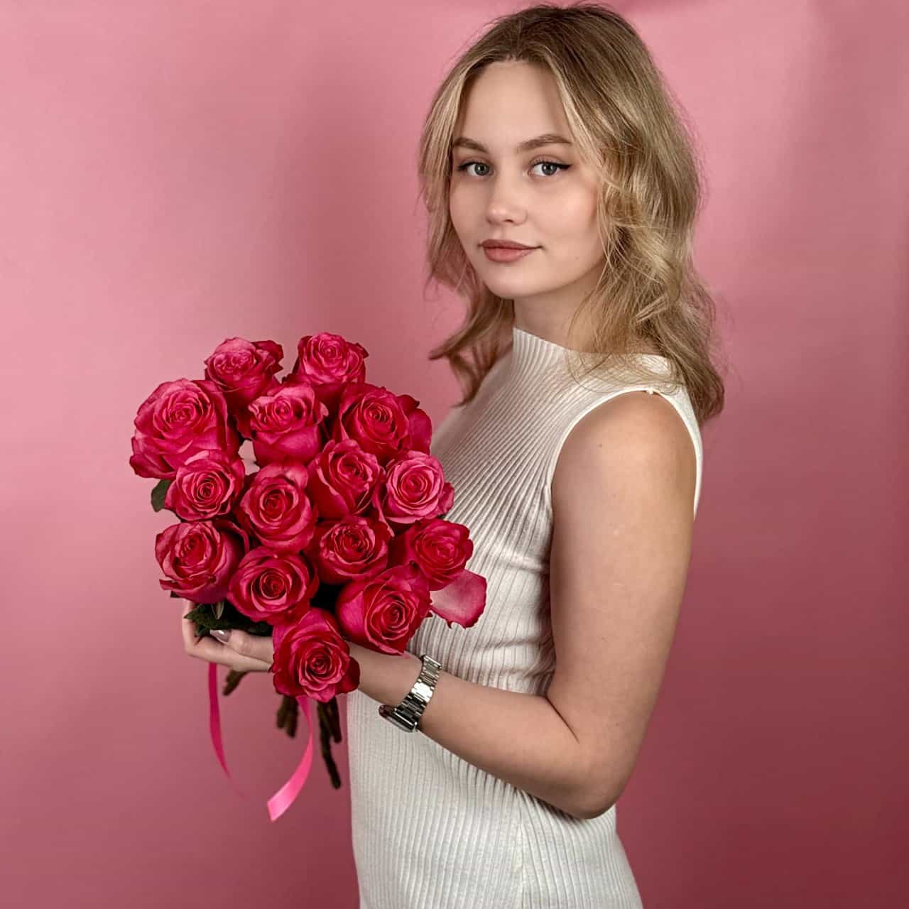 Розовые розы, 15 шт.