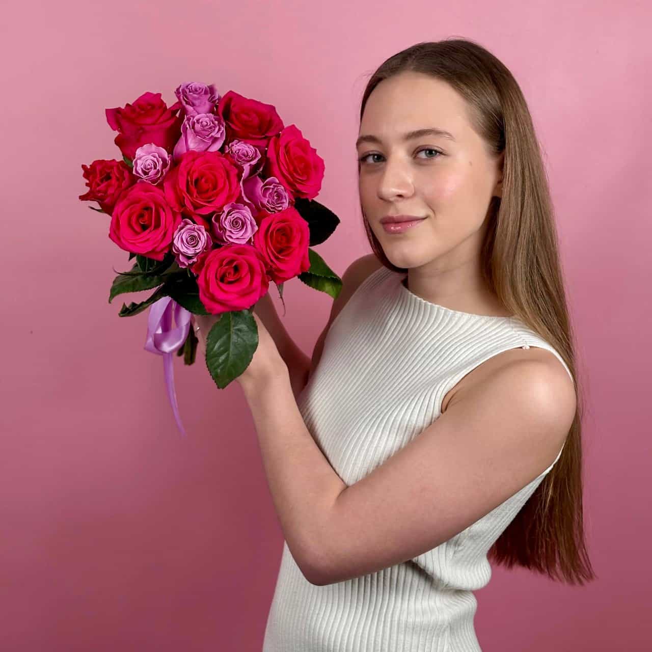 Микс розы, 15 шт. розовые-фиолетовые